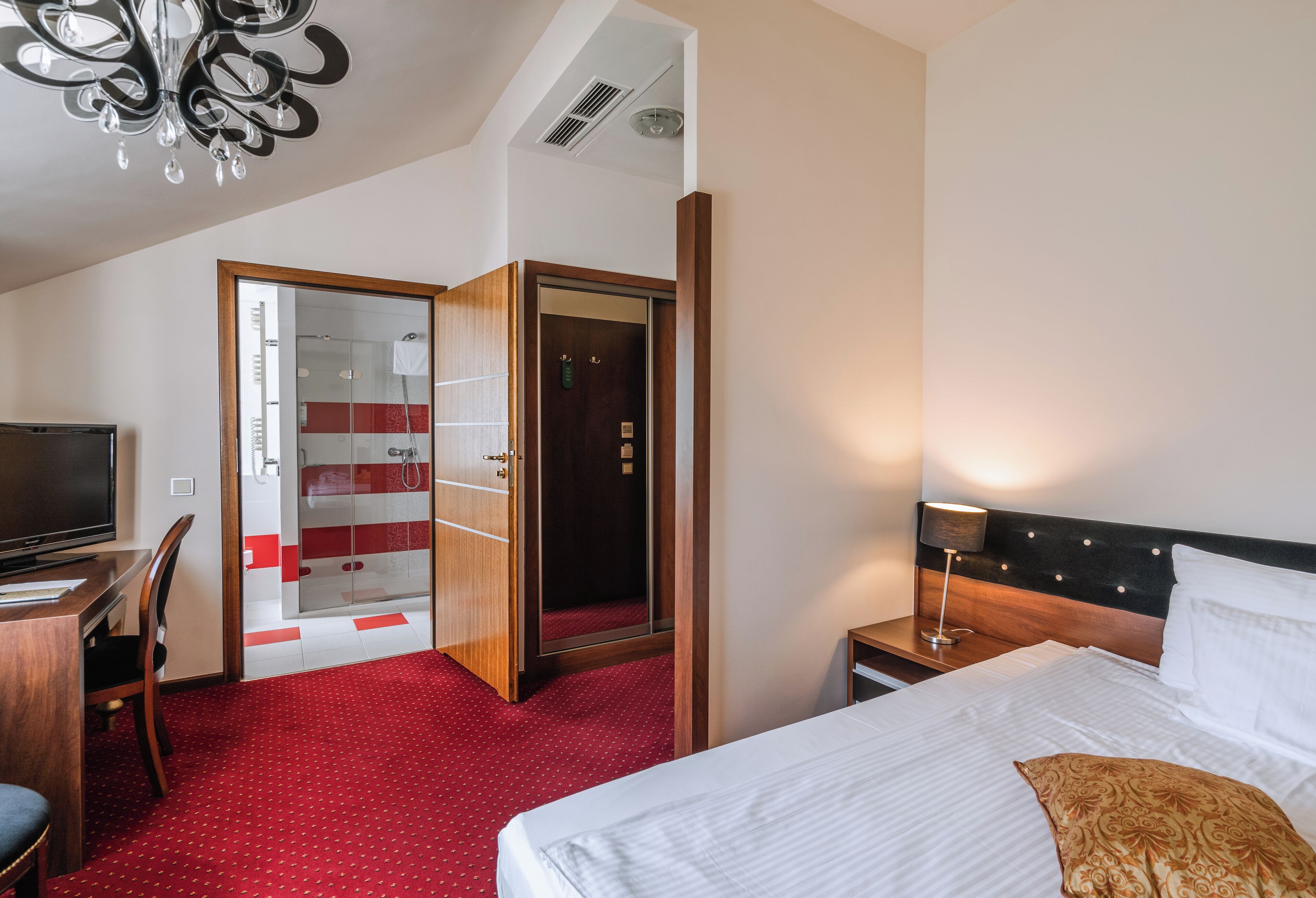 A hotel room with a bed, a desk with a chair, a TV, a wardrobe, and a shower area.
