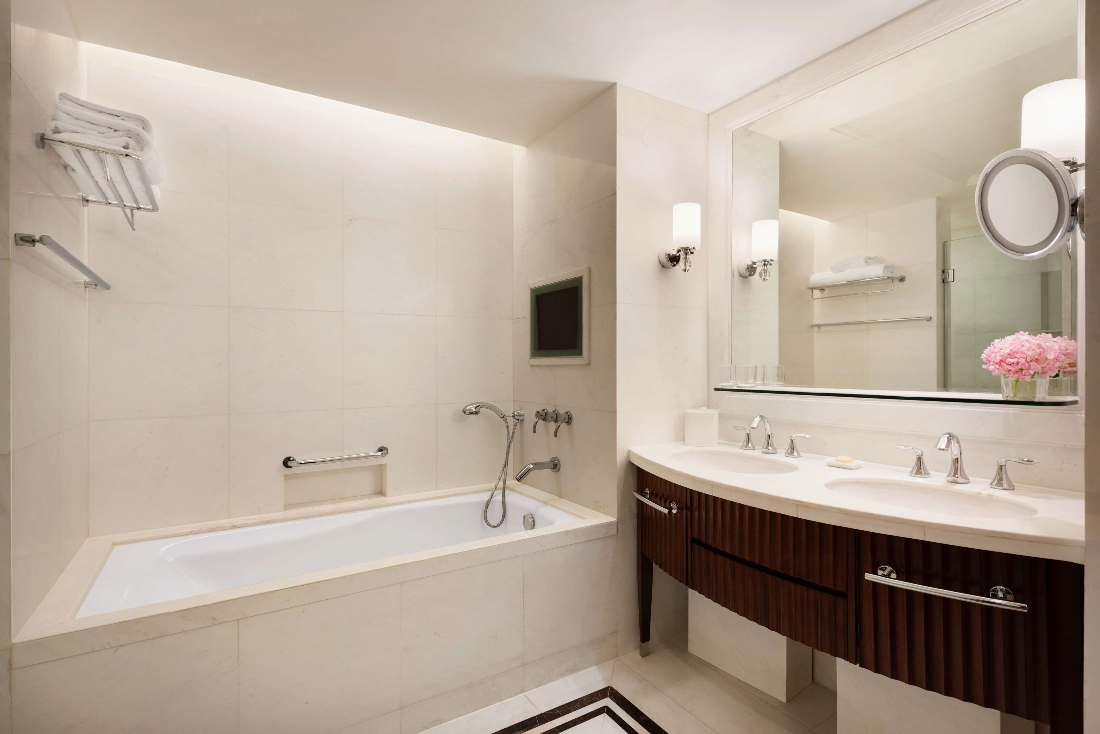 separate bathtub and shower, designer toiletries, hair dryer, bathrobes