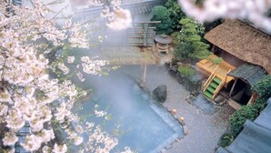 Un onsen japonés tradicional con un baño de piedra, rodeado de cerezos en flor y arquitectura tradicional.