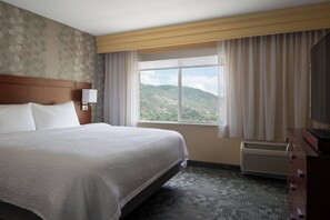 Une chambre d’hôtel avec un grand lit, une table de chevet avec une lampe, une commode et une fenêtre donnant sur un paysage montagneux.