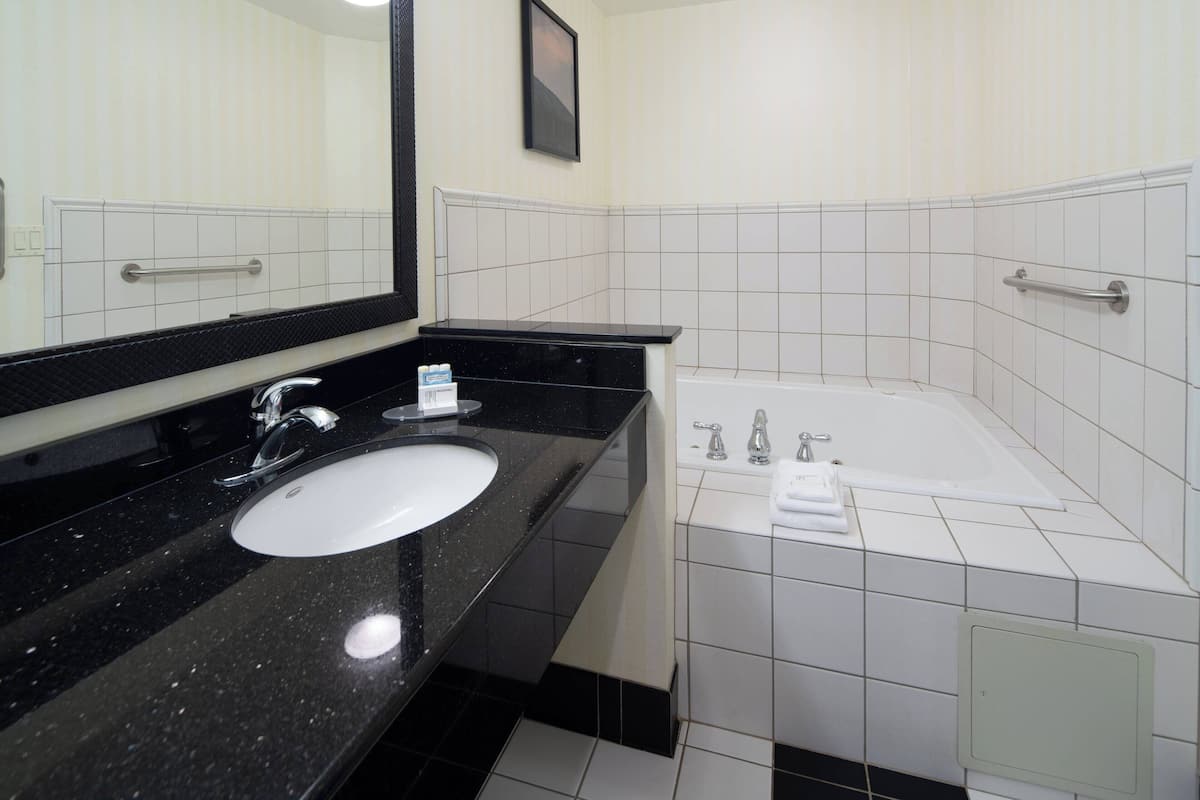 Une salle de bain avec un lavabo à vasque et un plan de toilette noir, une baignoire blanche et un grand miroir.
