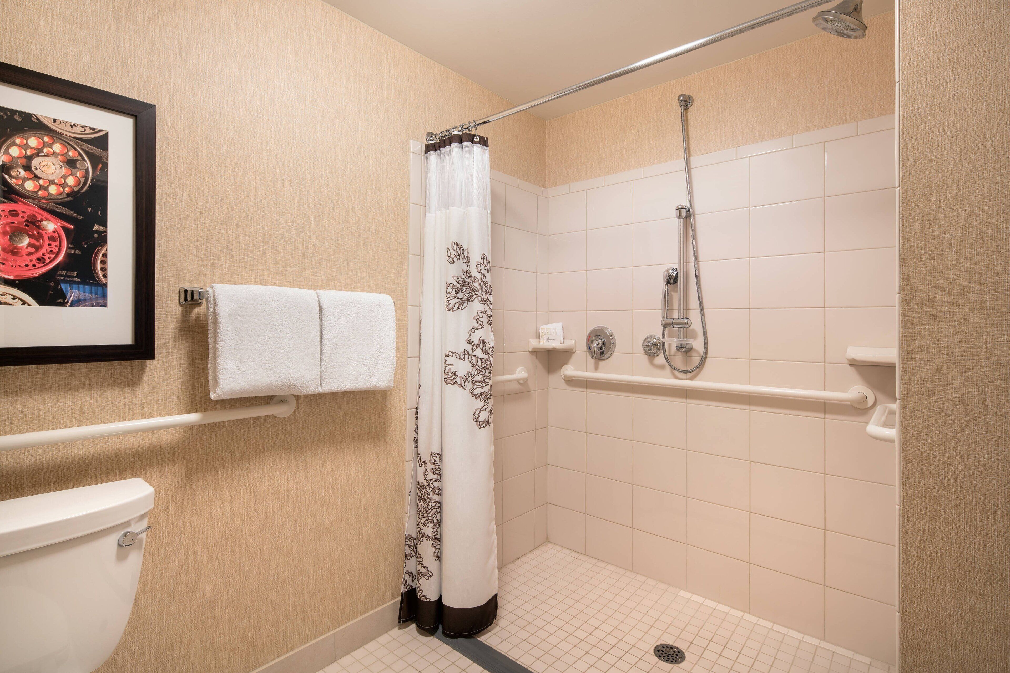 Ducha accesible en silla de ruedas con barra de apoyo, inodoro y un cuadro enmarcado en la pared.