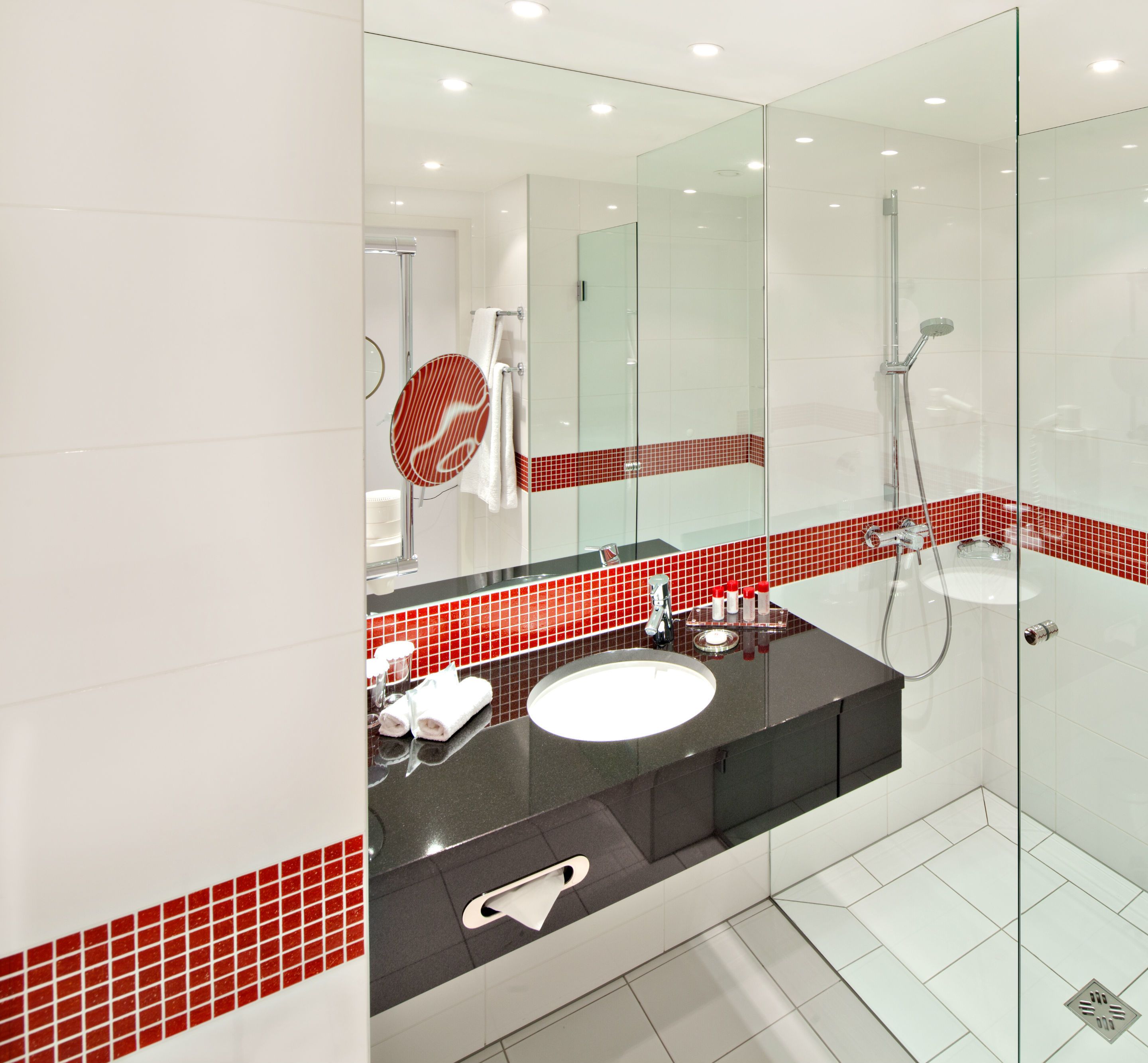 eco-friendly toiletries, hair dryer, towels