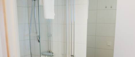 A modern bathroom with a glass-enclosed shower, a white sink, and a large mirror.