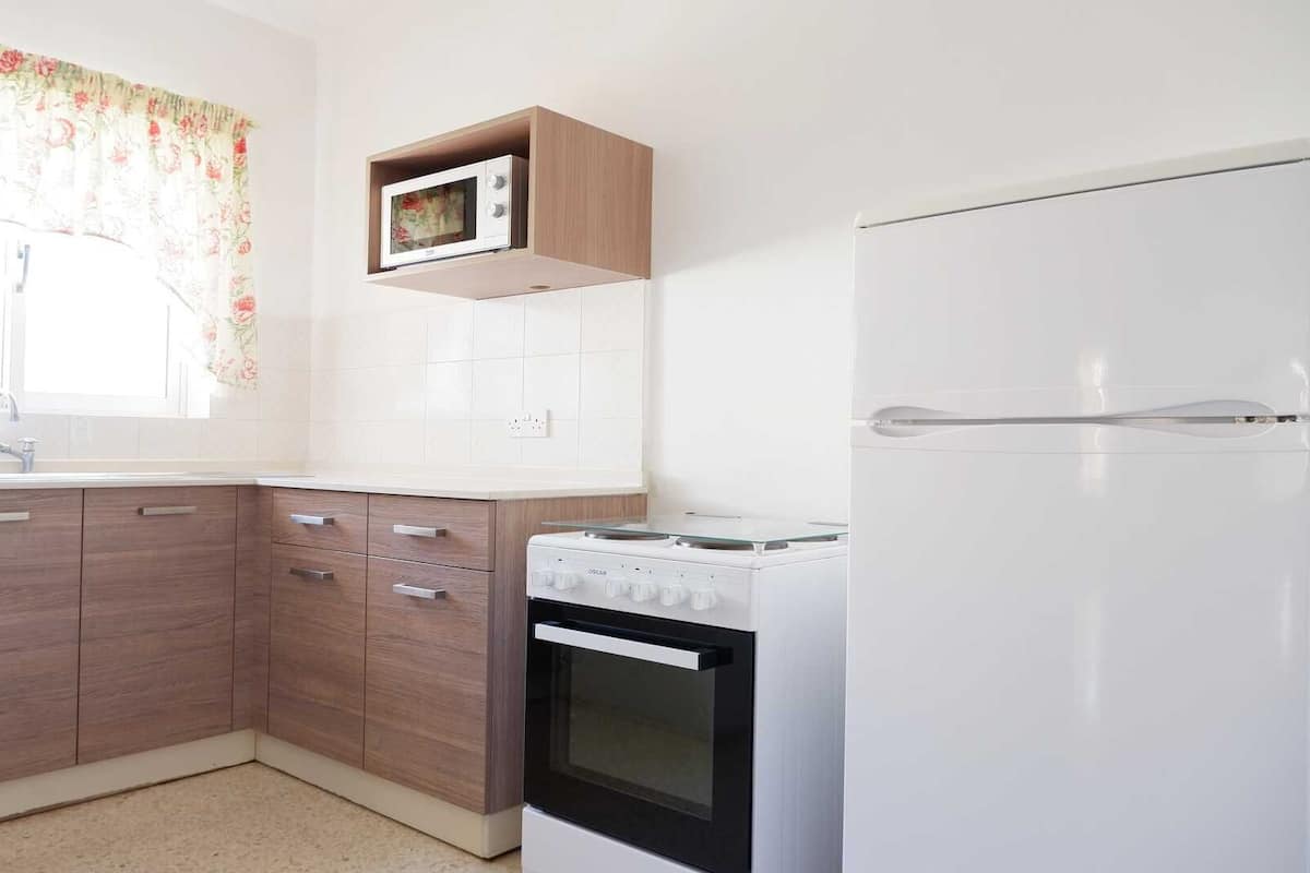 Full-size fridge, microwave, stovetop, toaster