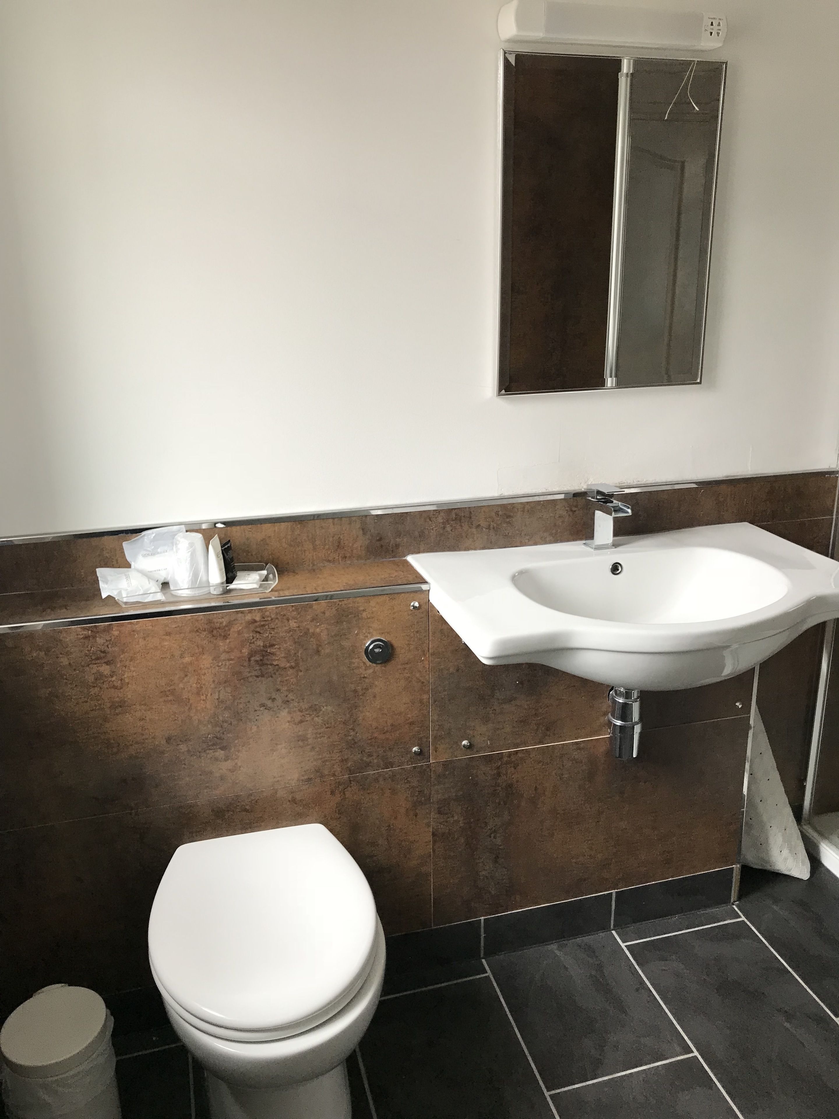 A bathroom with a white sink, a mirror, and a toilet.