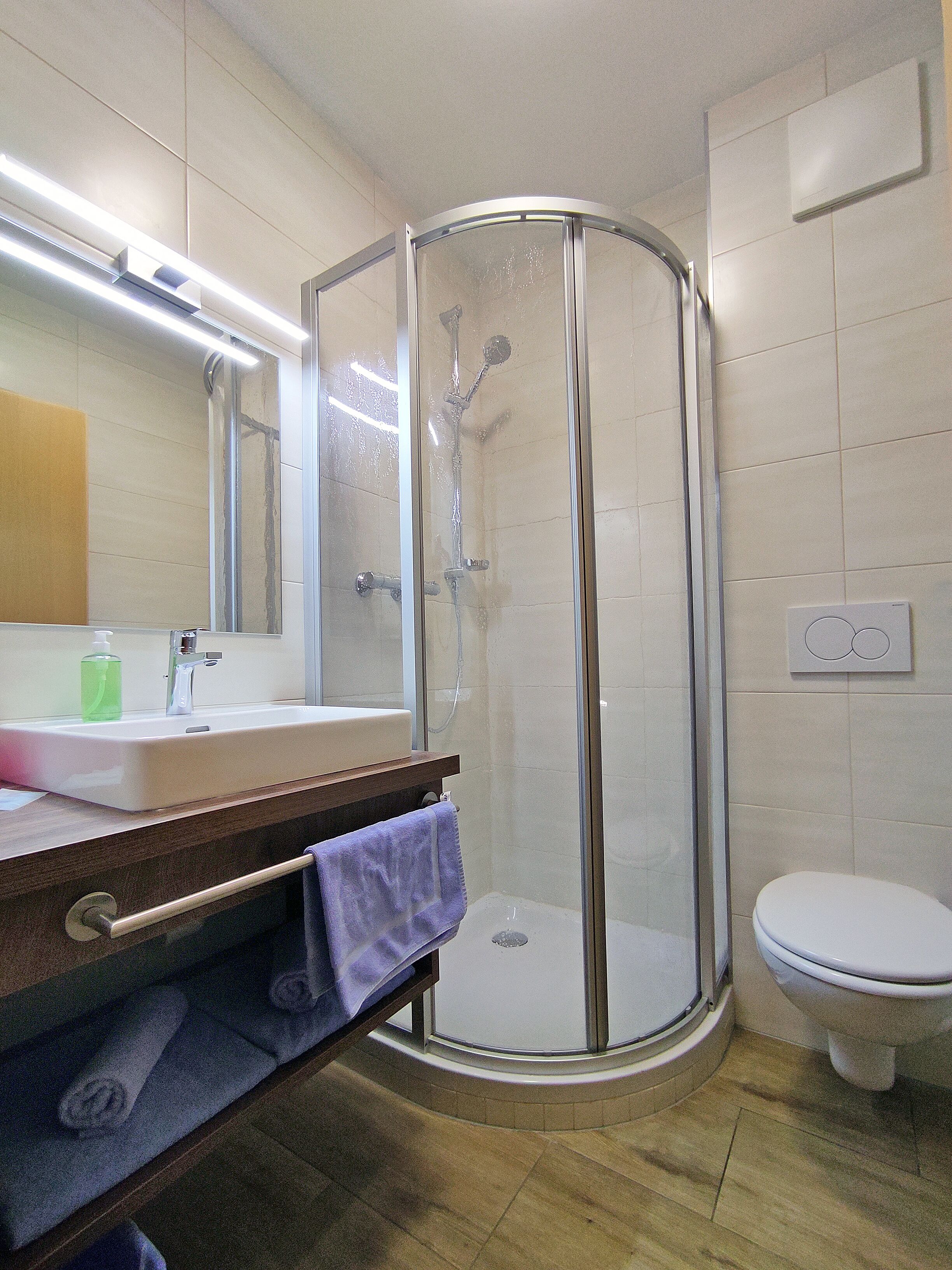 Un baño moderno con ducha de vidrio, lavamanos con espejo e inodoro.