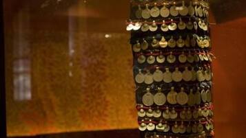Exhibición de una prenda tradicional con múltiples detalles decorativos.