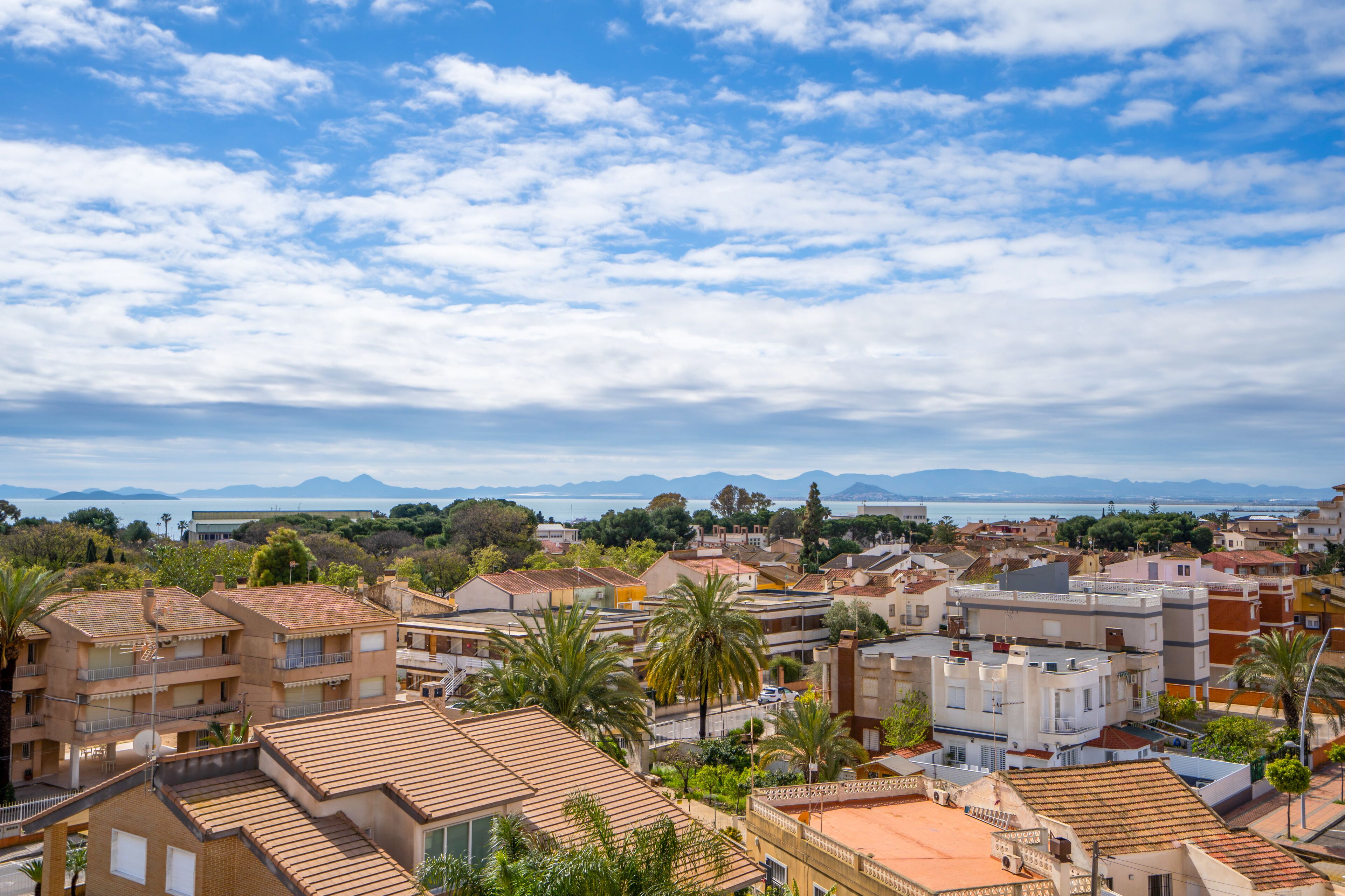 Un barrio residencial con edificios de tejados de terracota, palmeras y una vista distante del mar y las montañas.