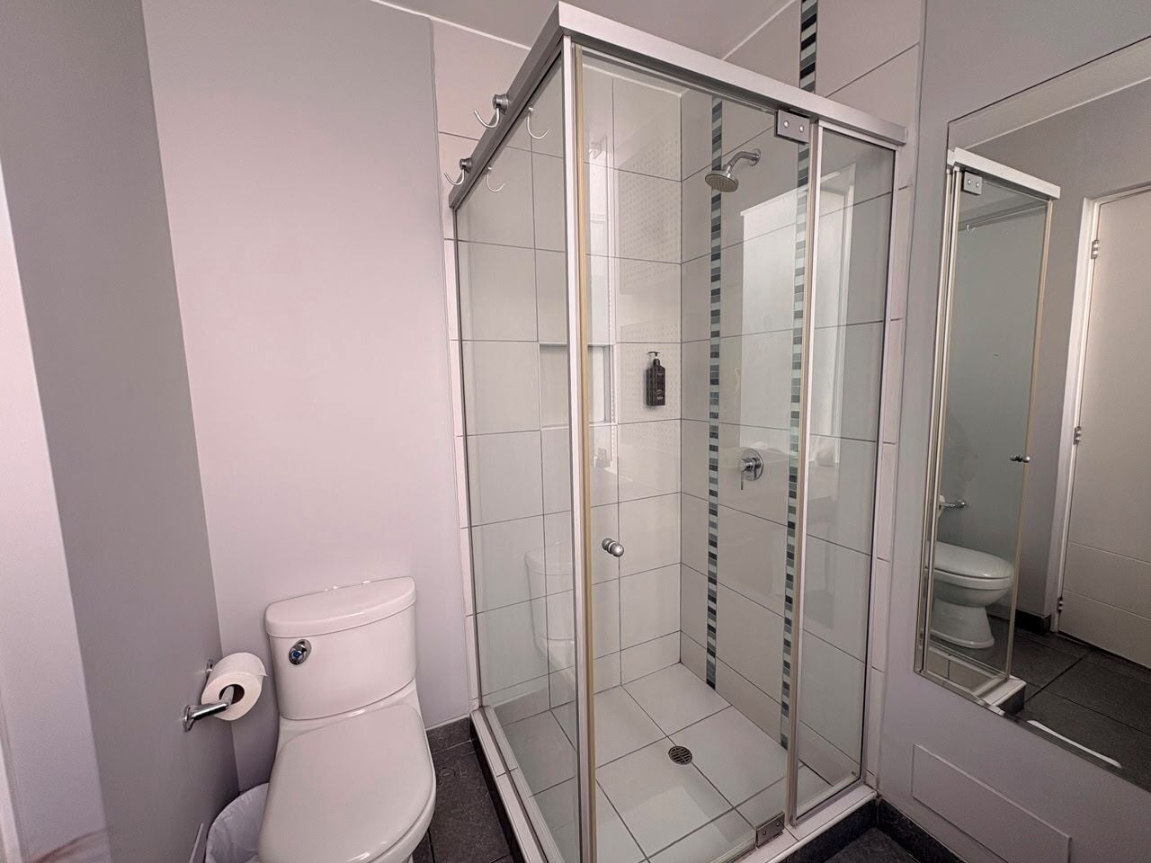 A modern bathroom with a glass-enclosed shower, a toilet, and a mirror.