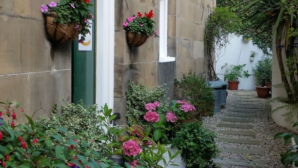 Un edificio con fachada de piedra, una puerta verde y macetas con flores al nivel de la calle.