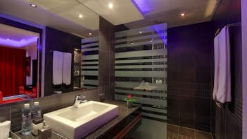 Shower, eco-friendly toiletries, hair dryer, bathrobes