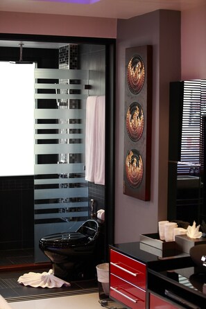 Shower, eco-friendly toiletries, hair dryer, bathrobes