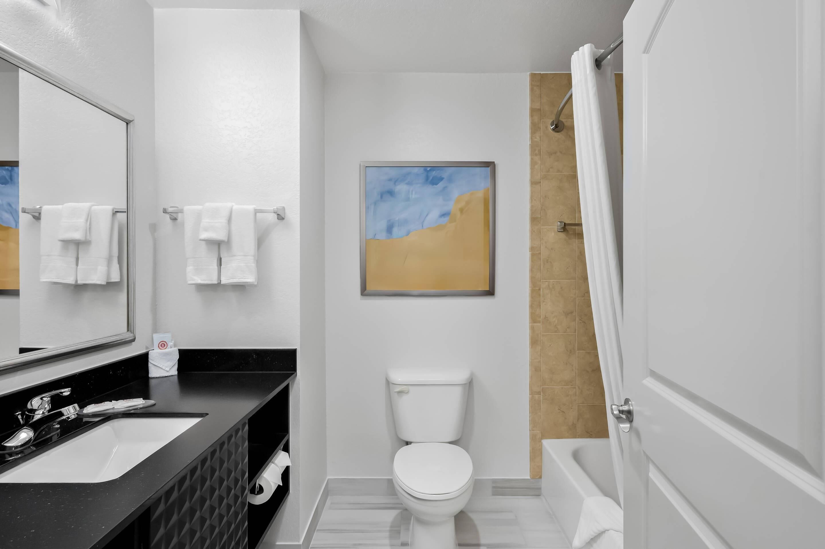 A modern bathroom with a black sink, white toilet, and a shower area.