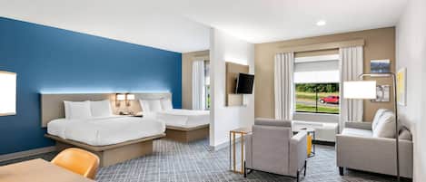 Desk, laptop workspace, blackout curtains, iron/ironing board