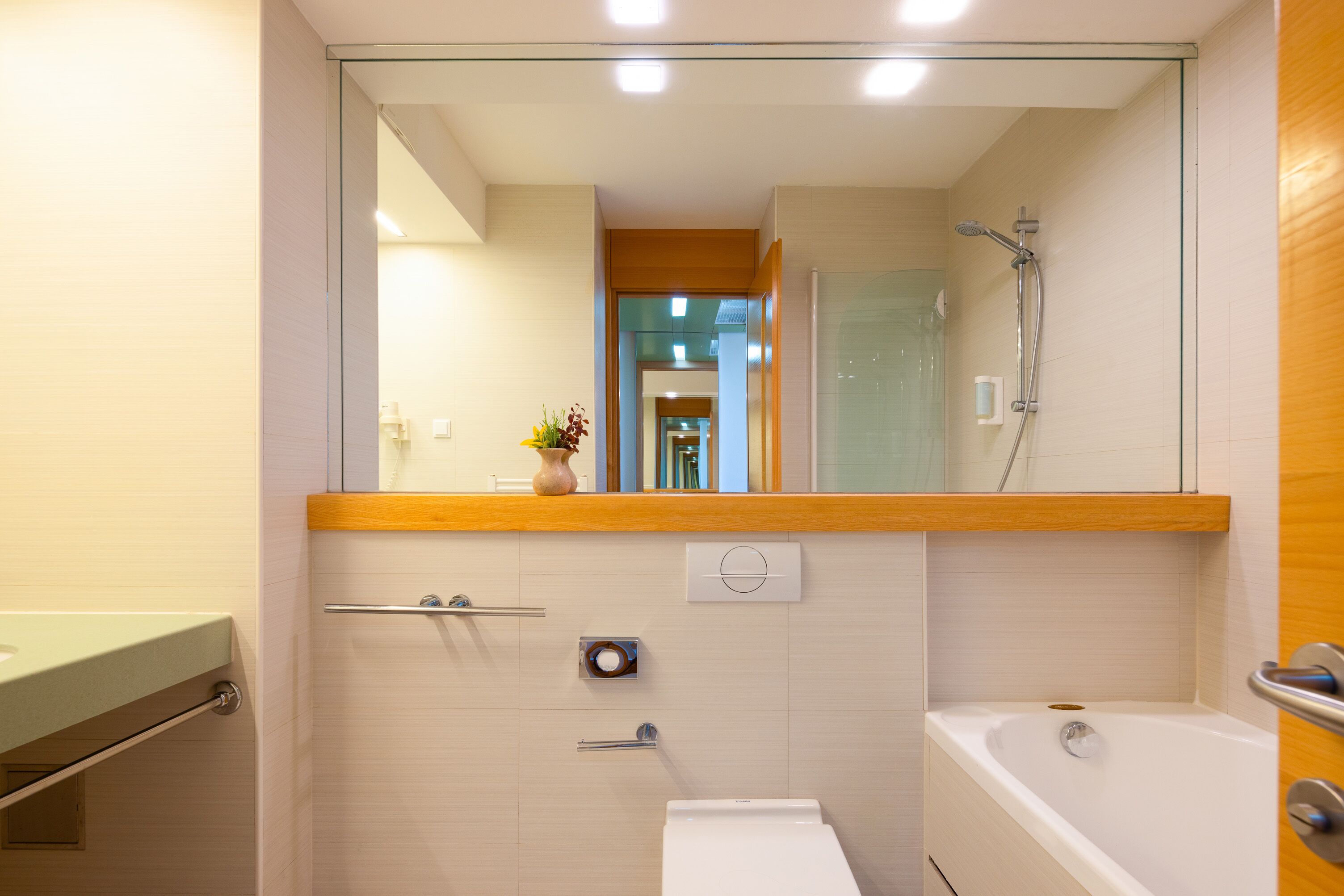 Une salle de bain moderne avec une douche à l’italienne, une baignoire et des toilettes.