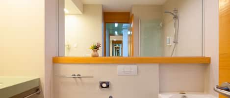 A modern bathroom with a glass shower enclosure, a bathtub, and a toilet.