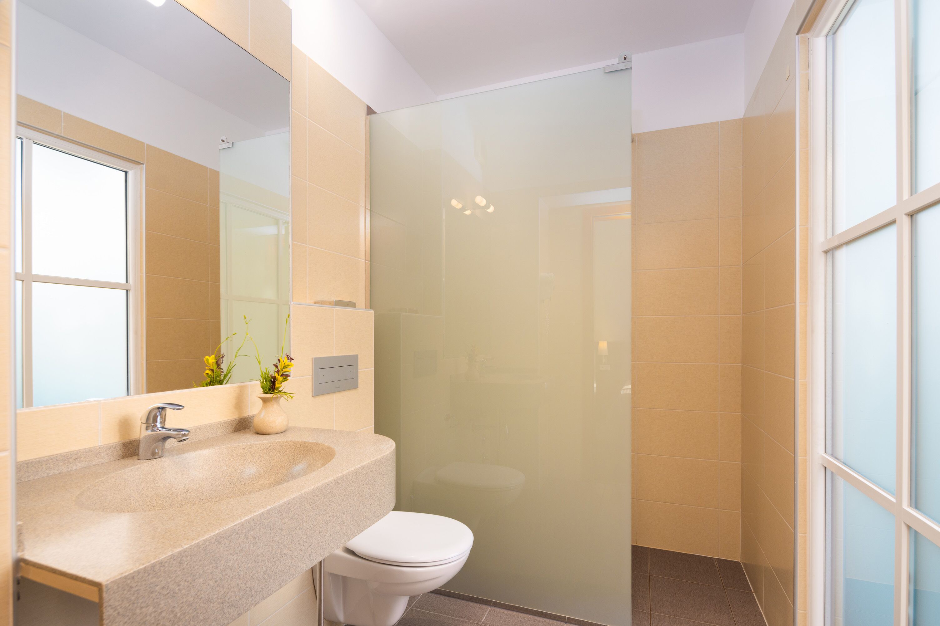 A modern bathroom with a glass shower enclosure, a sink with a mirror, and a toilet.
