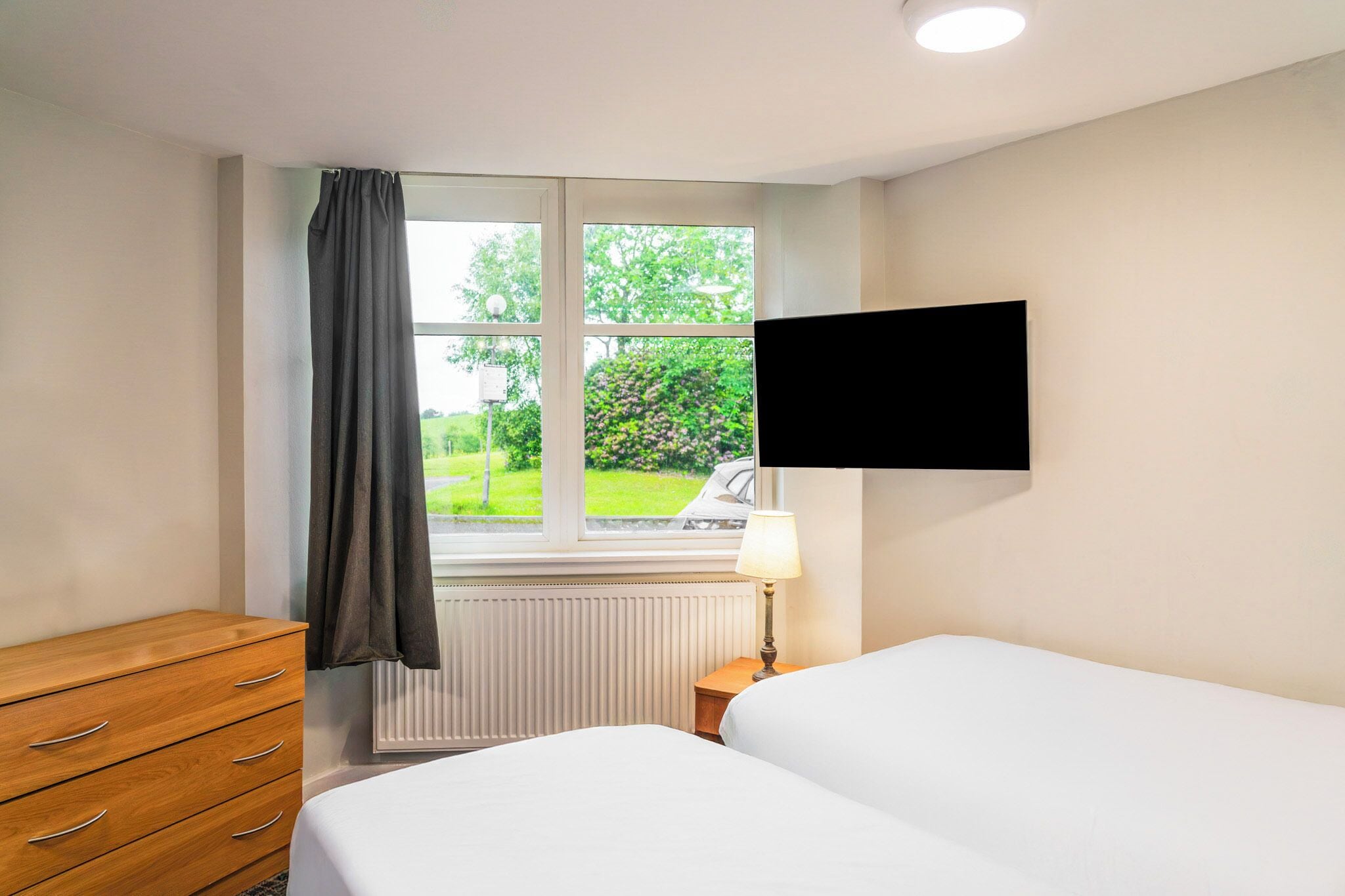 Habitació d'hotel amb un llit, un taulell de fusta, una finestra amb vista a vegetació, un televisor penjat a la paret i una làmpada de nit.