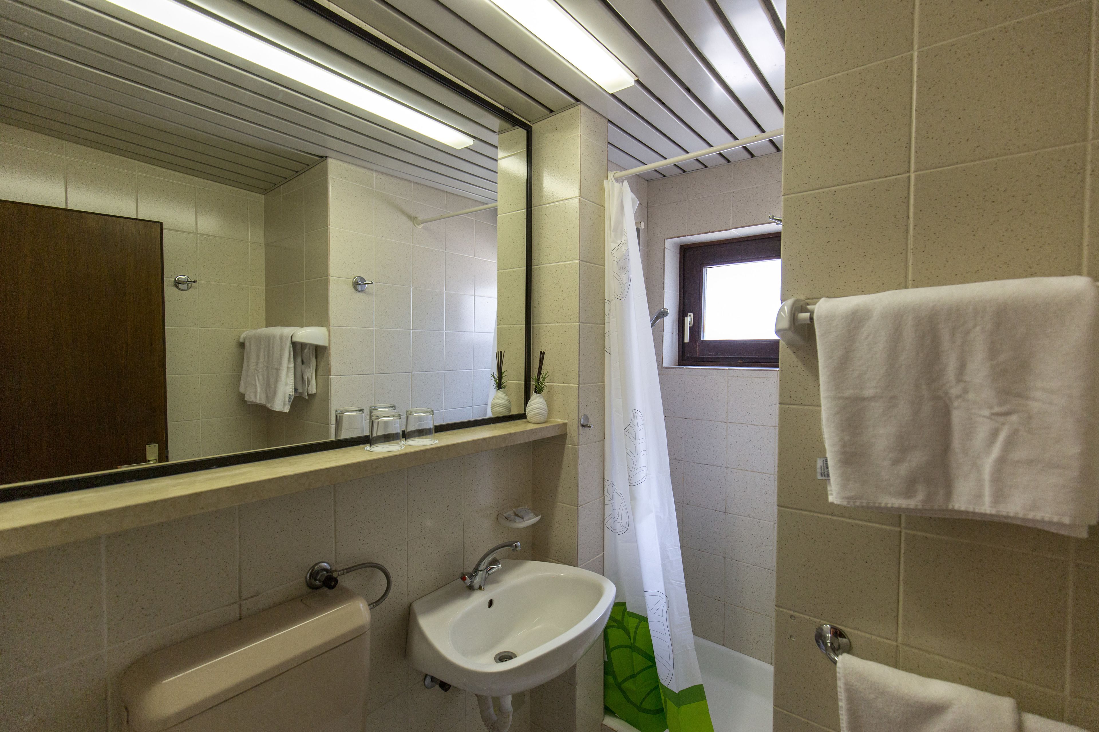 Un baño con lavamanos, espejo y cortina de ducha.
