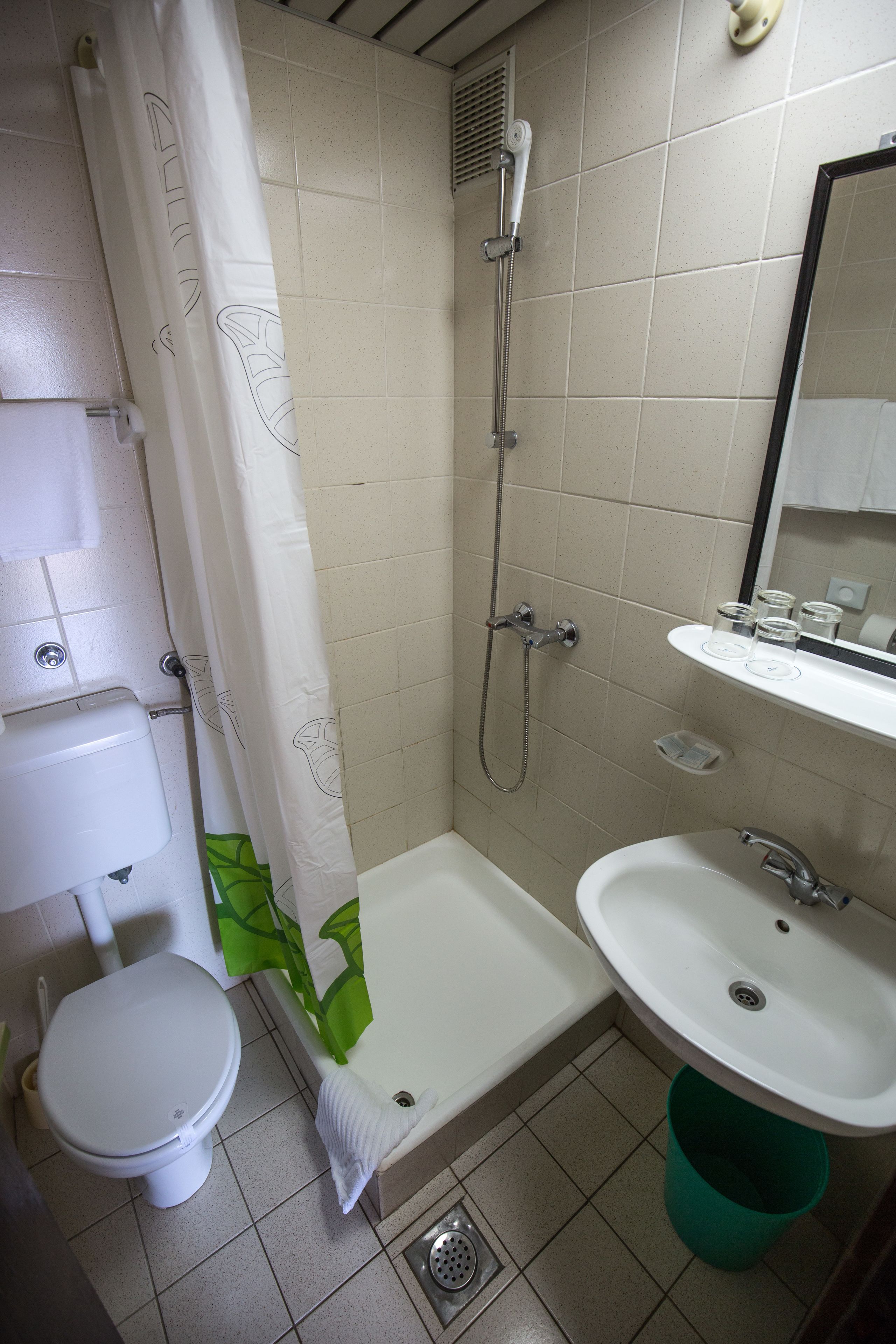Et badev ærelse med toilet, bruser, badekar, håndvask og en grøn spand.