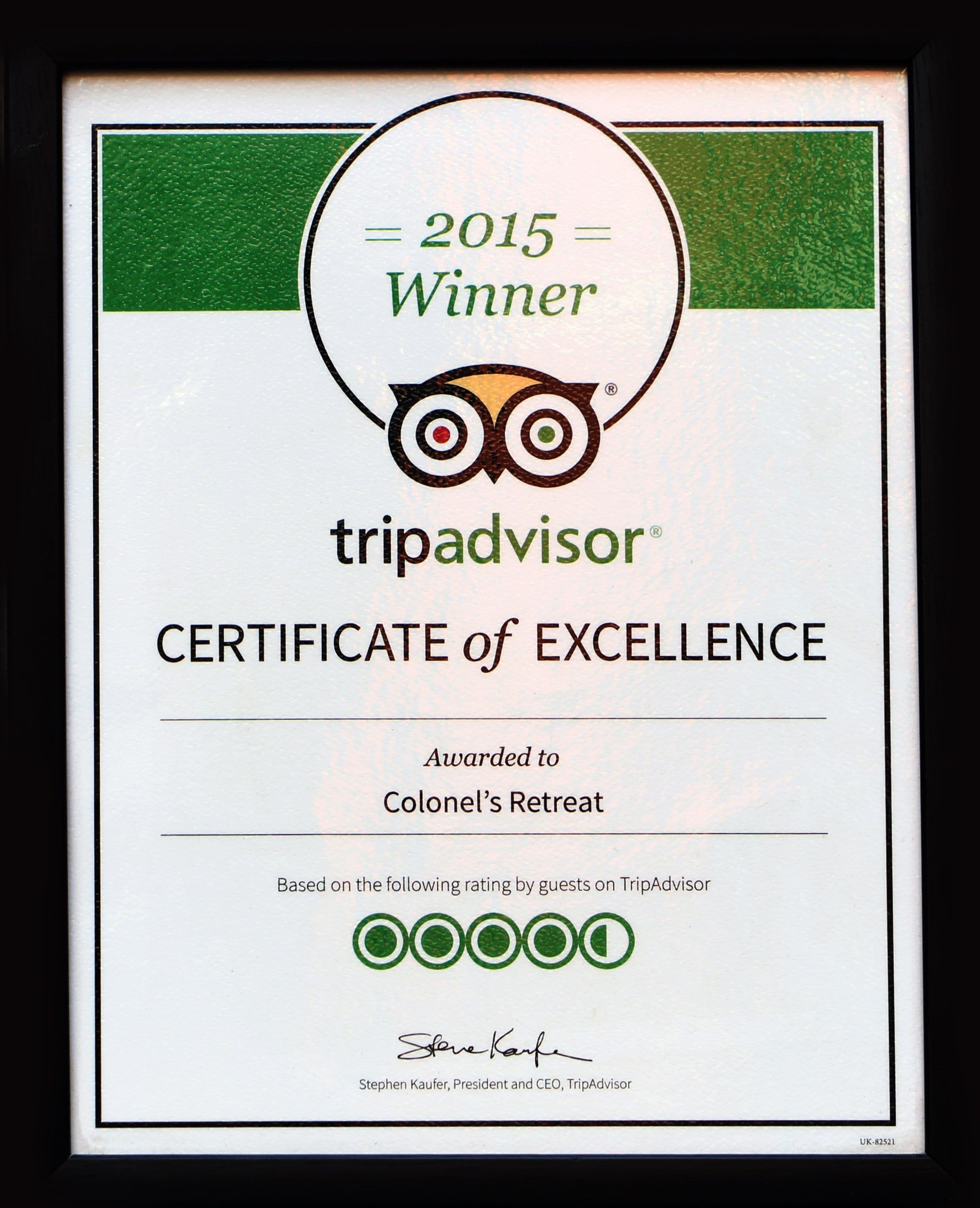 A TripAdvisor Certificate of Excellence awarded to Colonel's Retreat.