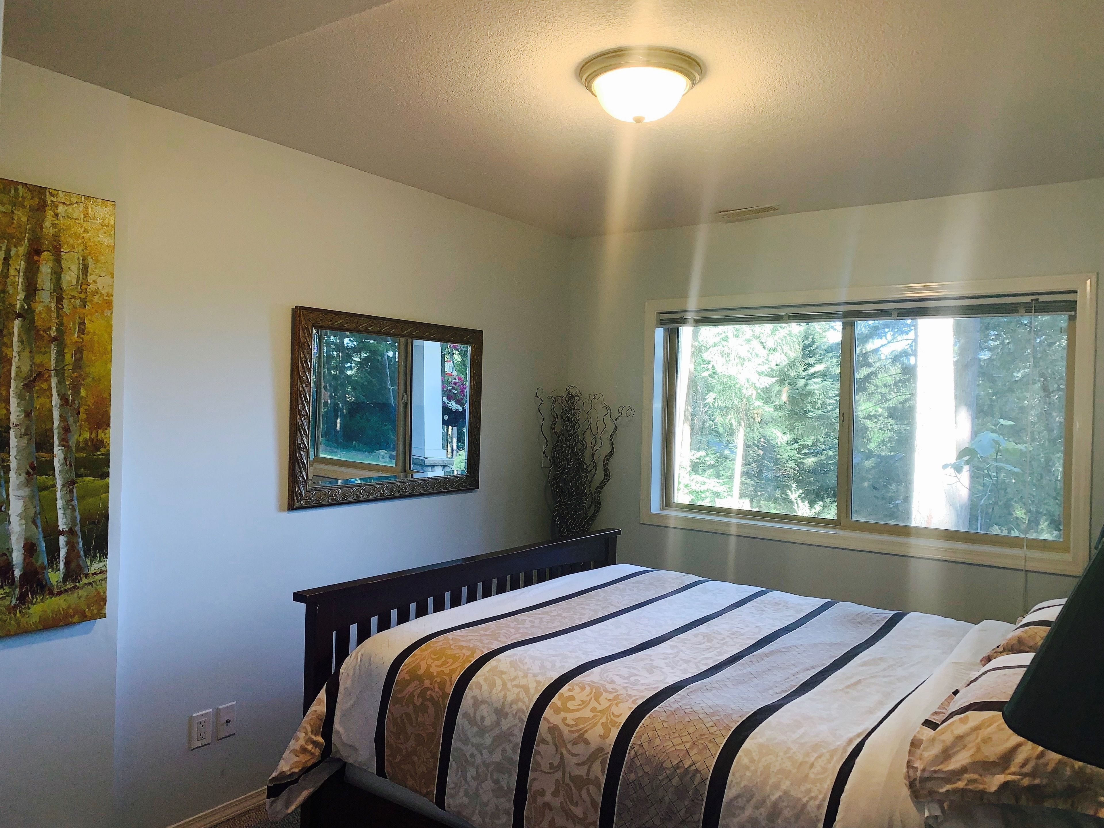 A bedroom with a bed, a window, a ceiling light, and a painting on the wall.