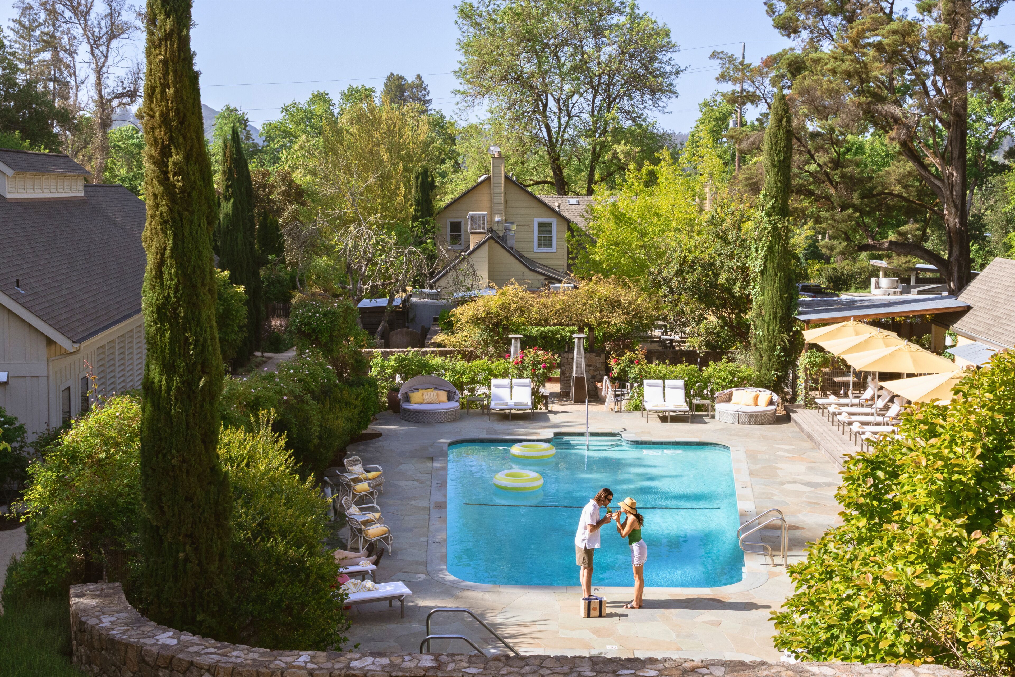 Outdoor pool, pool umbrellas, pool loungers