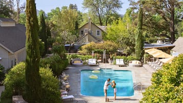 Outdoor pool, pool umbrellas, pool loungers