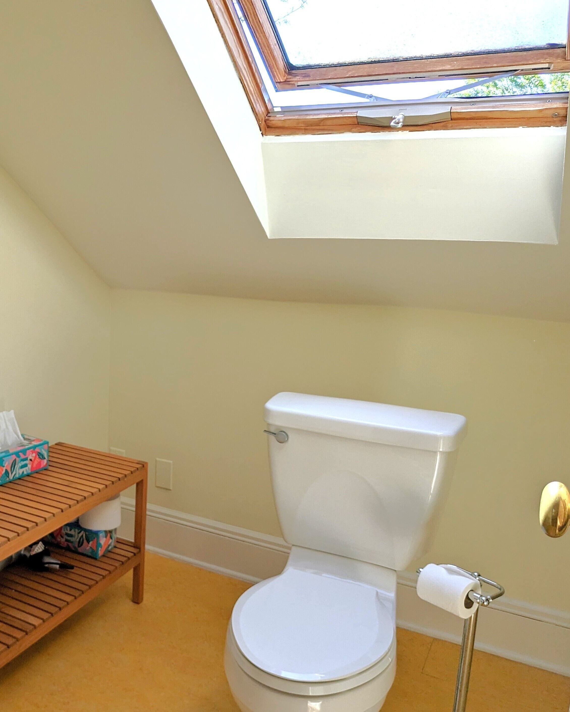A bathroom with a skylight, toilet, wooden shelf, and a roll of toilet paper.
