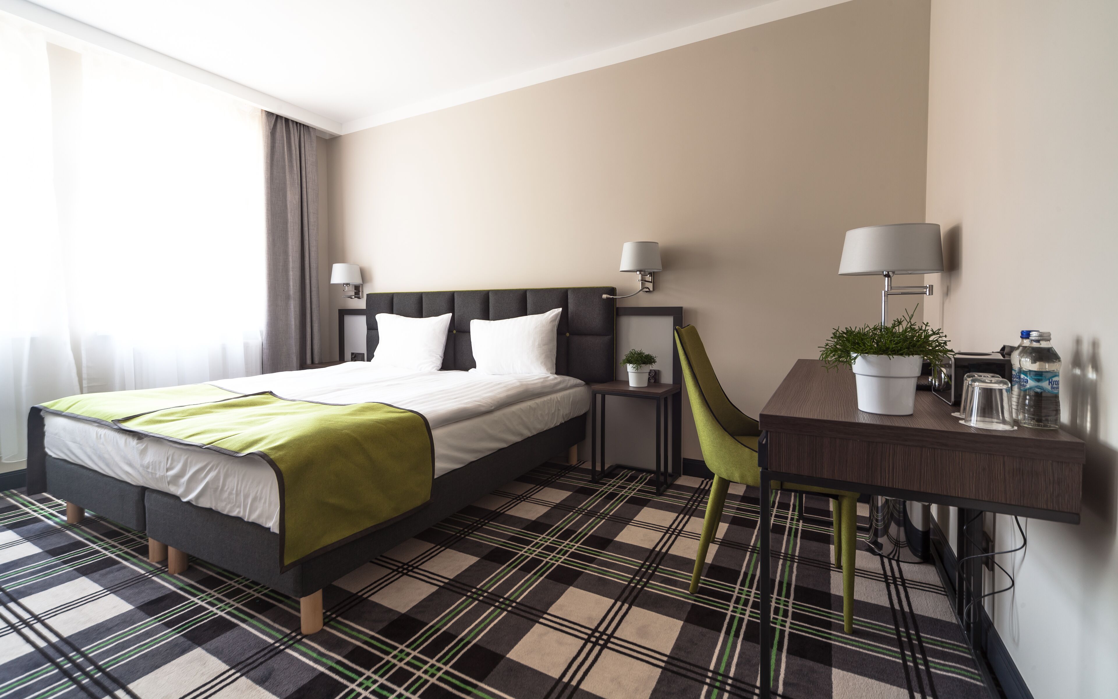 basic double or twin room | desk, laptop workspace, blackout curtains, iron/ironing board