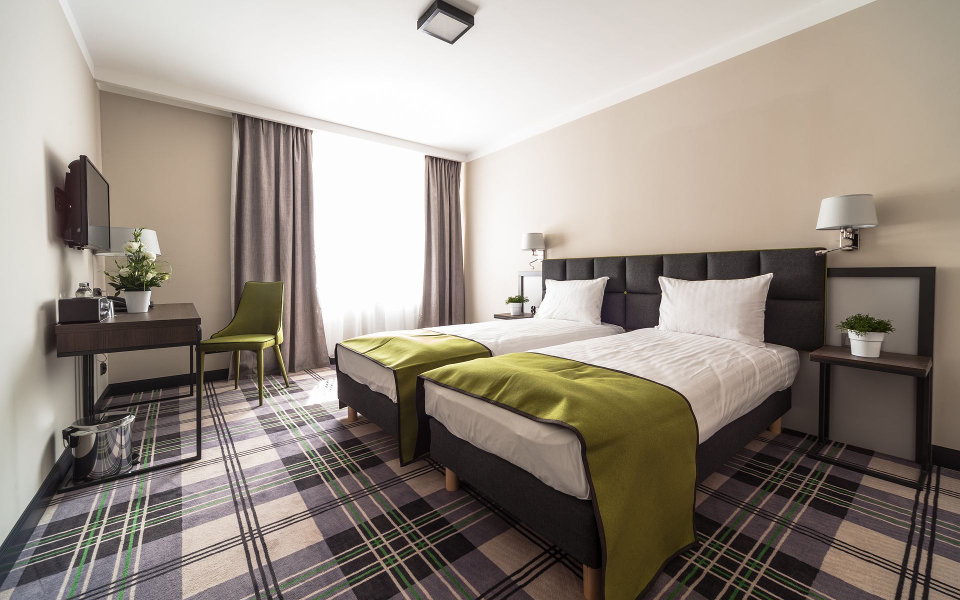 basic double or twin room | desk, laptop workspace, blackout curtains, iron/ironing board