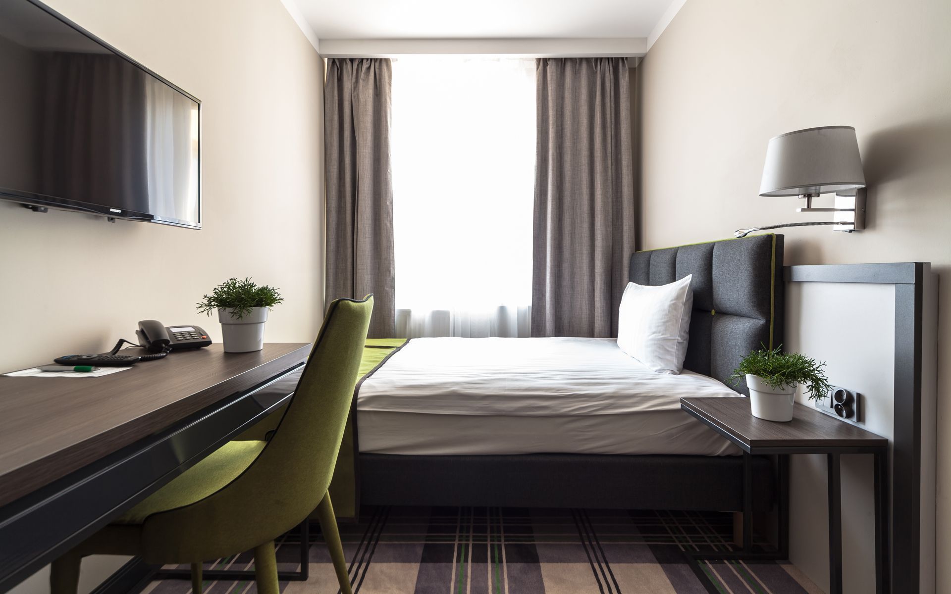 basic single room | desk, laptop workspace, blackout curtains, iron/ironing board