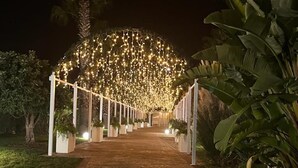 Un sendero que conduce a un espacio cubierto con luces de cuerda.
