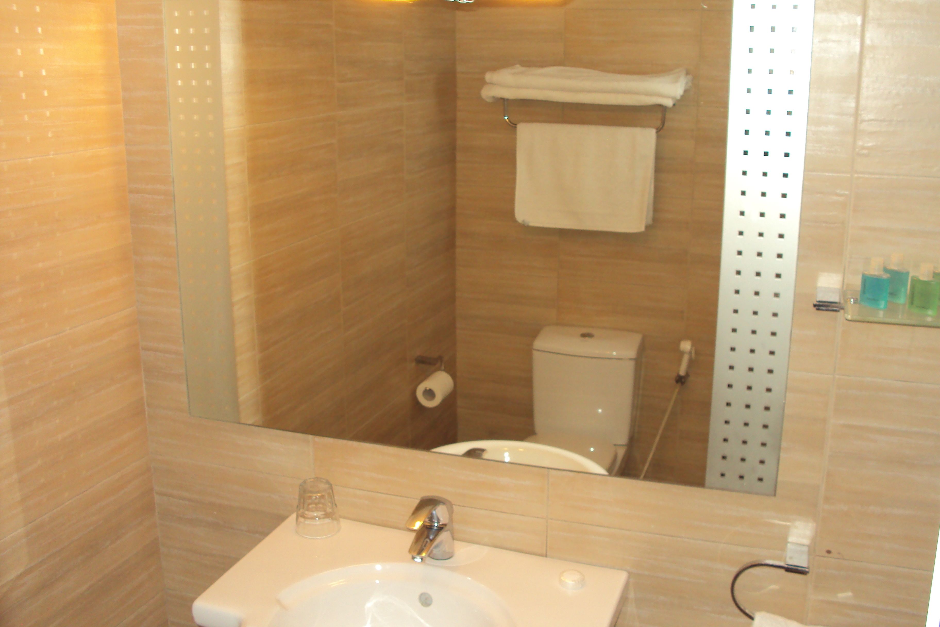 A bathroom with a sink, mirror, toilet, and towel rack.