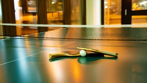 Une table de ping-pong avec un filet, une raquette et une balle.