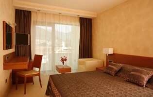 Una camera d'albergo con un letto, una scrivania con una sedia, una televisione, un tavolino con un vaso e vista sull'esterno.