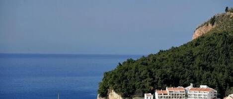 Uma vila costeira com edifícios ao longo da orla marítima, uma estátua e uma encosta coberta por vegetação densa.