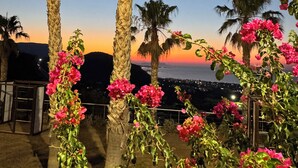 A view of palm trees and pink bougainvillea flowers against a twilight sky. - The Noverian Scenic Crete 5 Star Hilltop Villa Resort & Spa (Hersonissos)