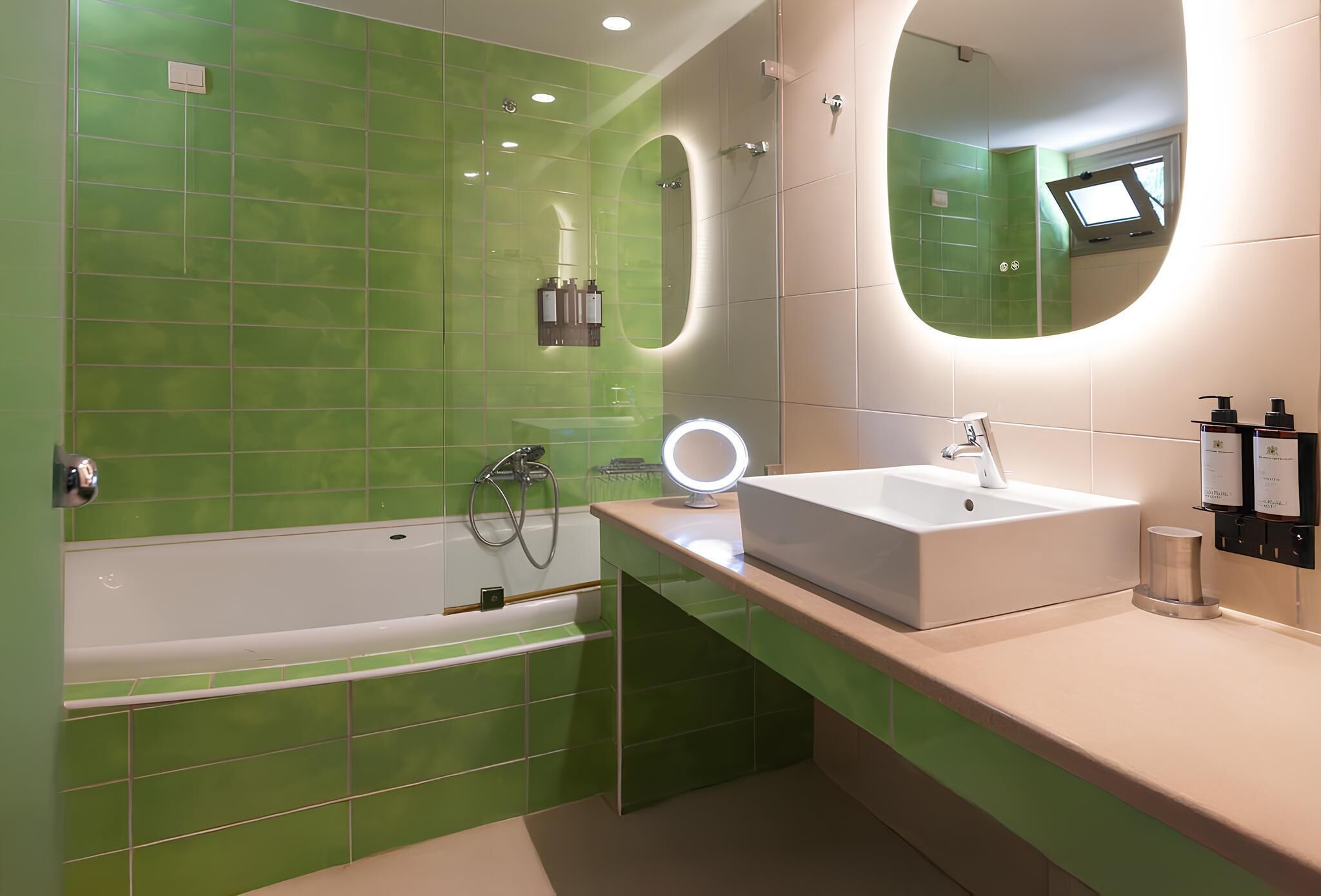 A modern bathroom with green tiles, a white bathtub, a sink with a mirror, and a shower area.