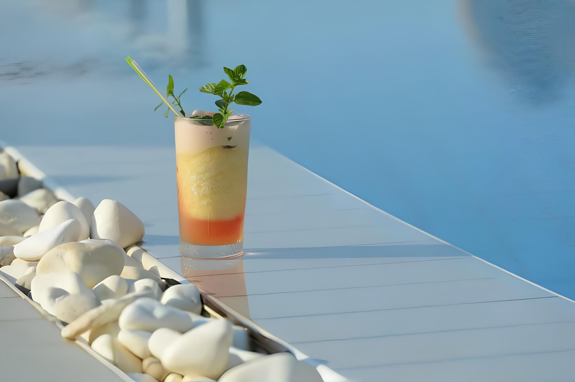 Un vaso transparente con bebidas en capas y un ramita de verdura, sobre una superficie blanca con piedras y una piscina al fondo.