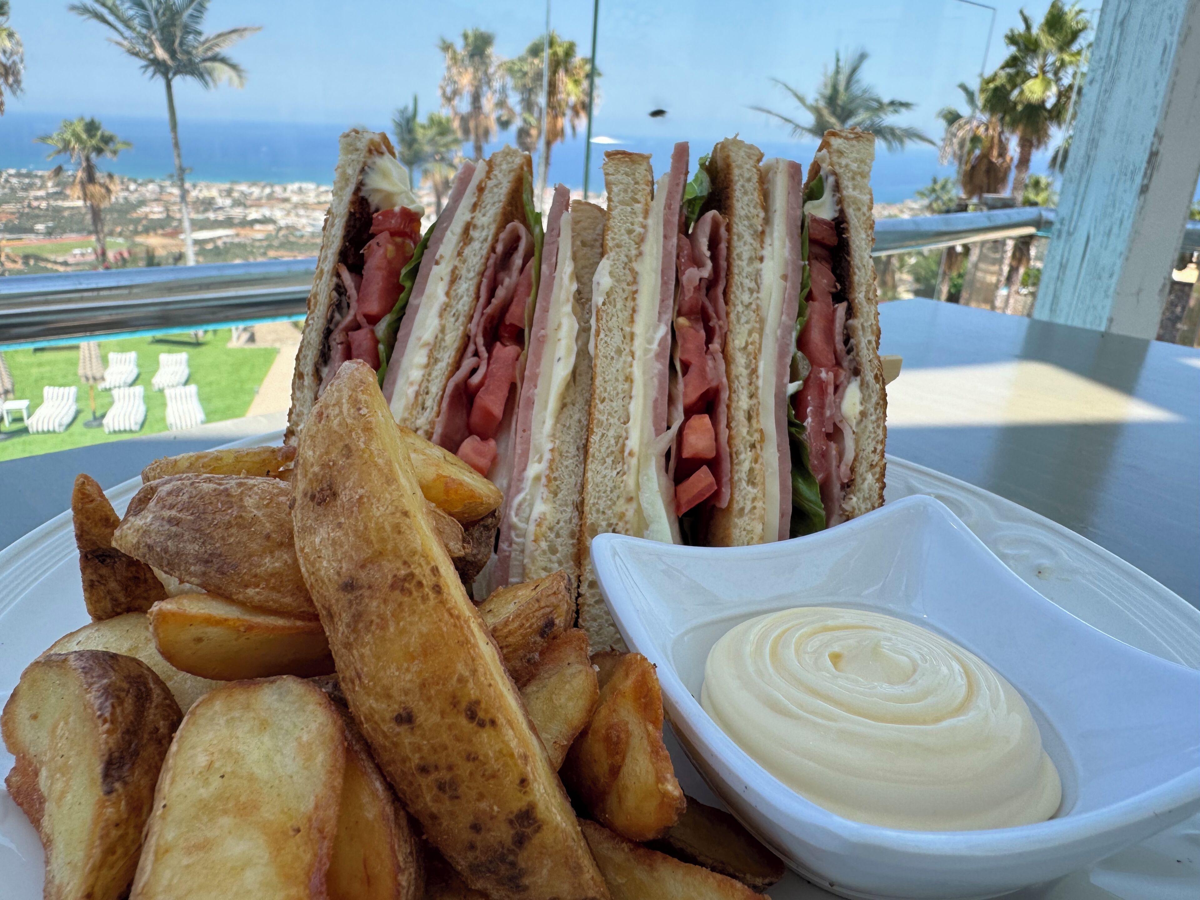 A sandwich with ham and cheese, potato wedges, and a dipping sauce on a table with a view of the ocean and palm trees.