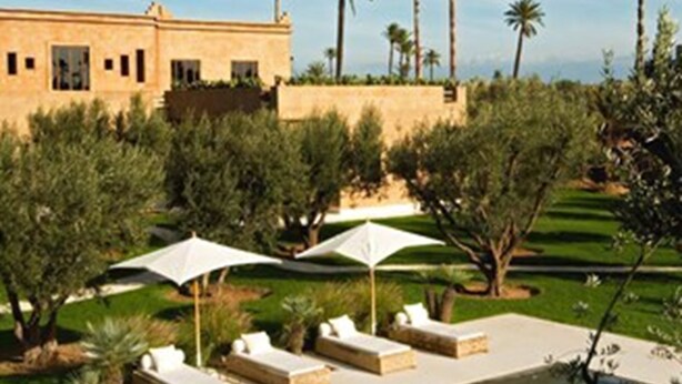 A pool area with lounge chairs and umbrellas, surrounded by palm trees and a building. - Les 5 Djellabas (Marrakech)
