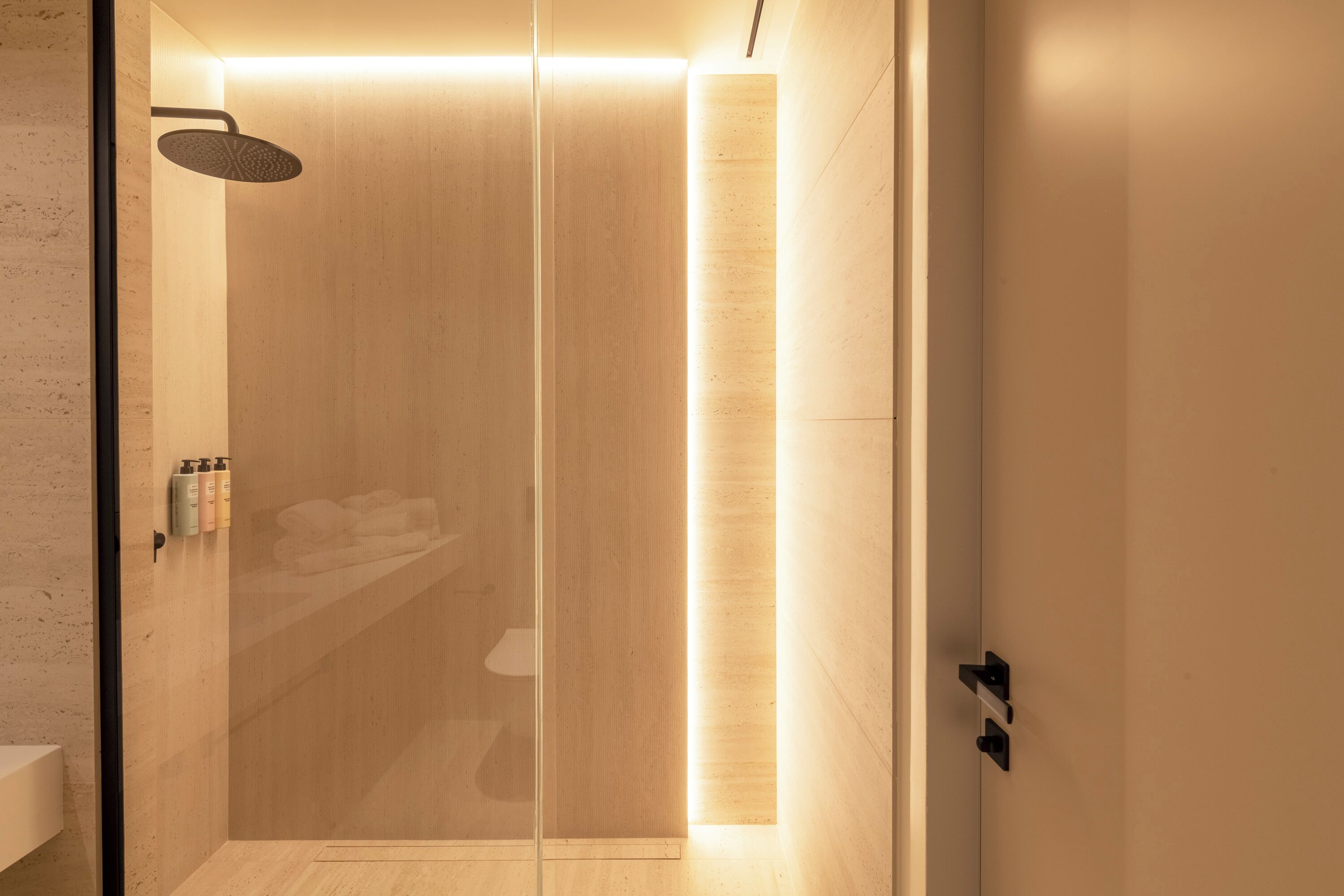 A modern shower area with a glass door, a handheld showerhead, and a wall-mounted light strip.