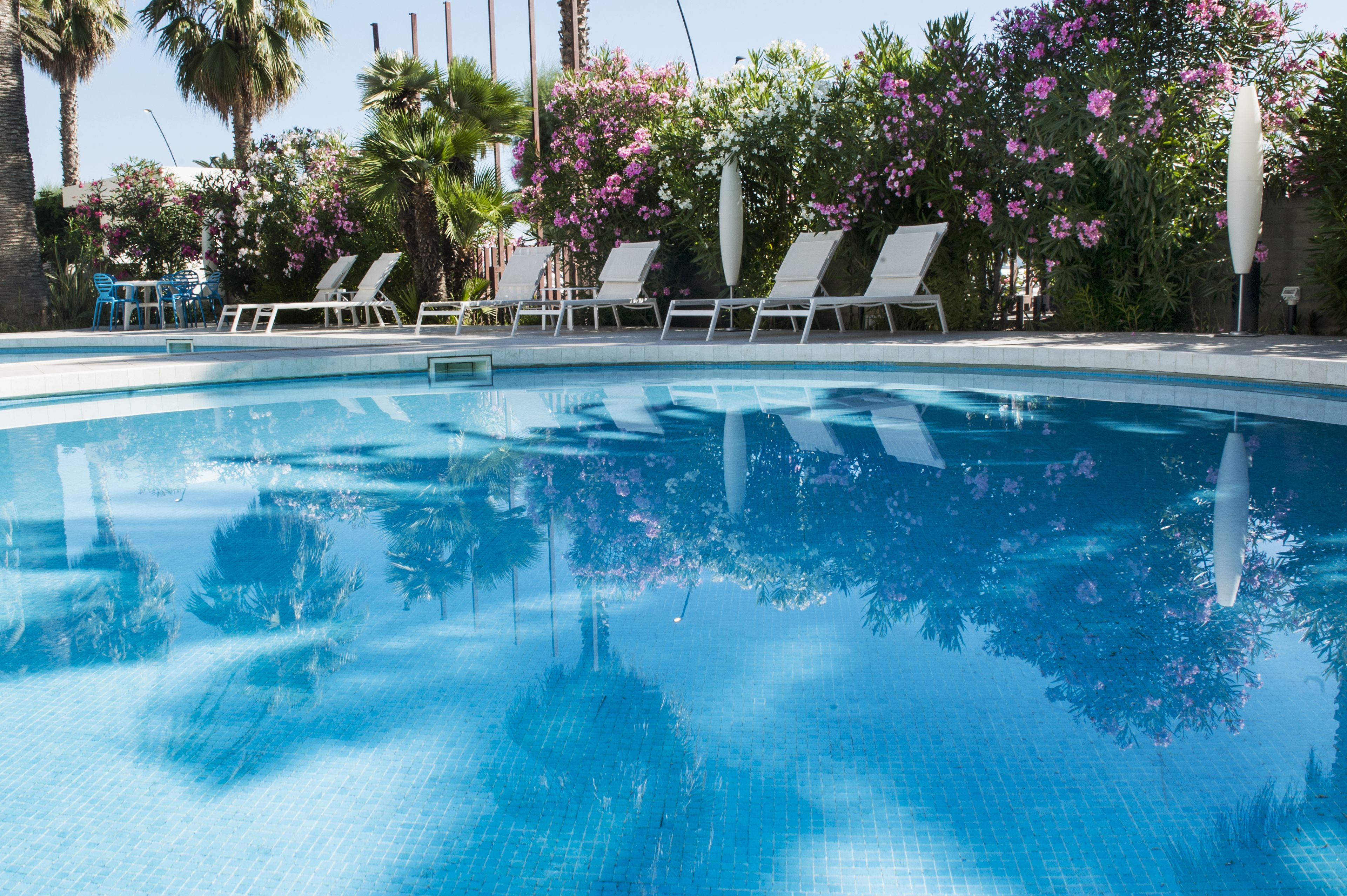 Une piscine à l’eau d’un bleu cristallin, entourée de chaises longues blanches et de plantes à fleurs roses.