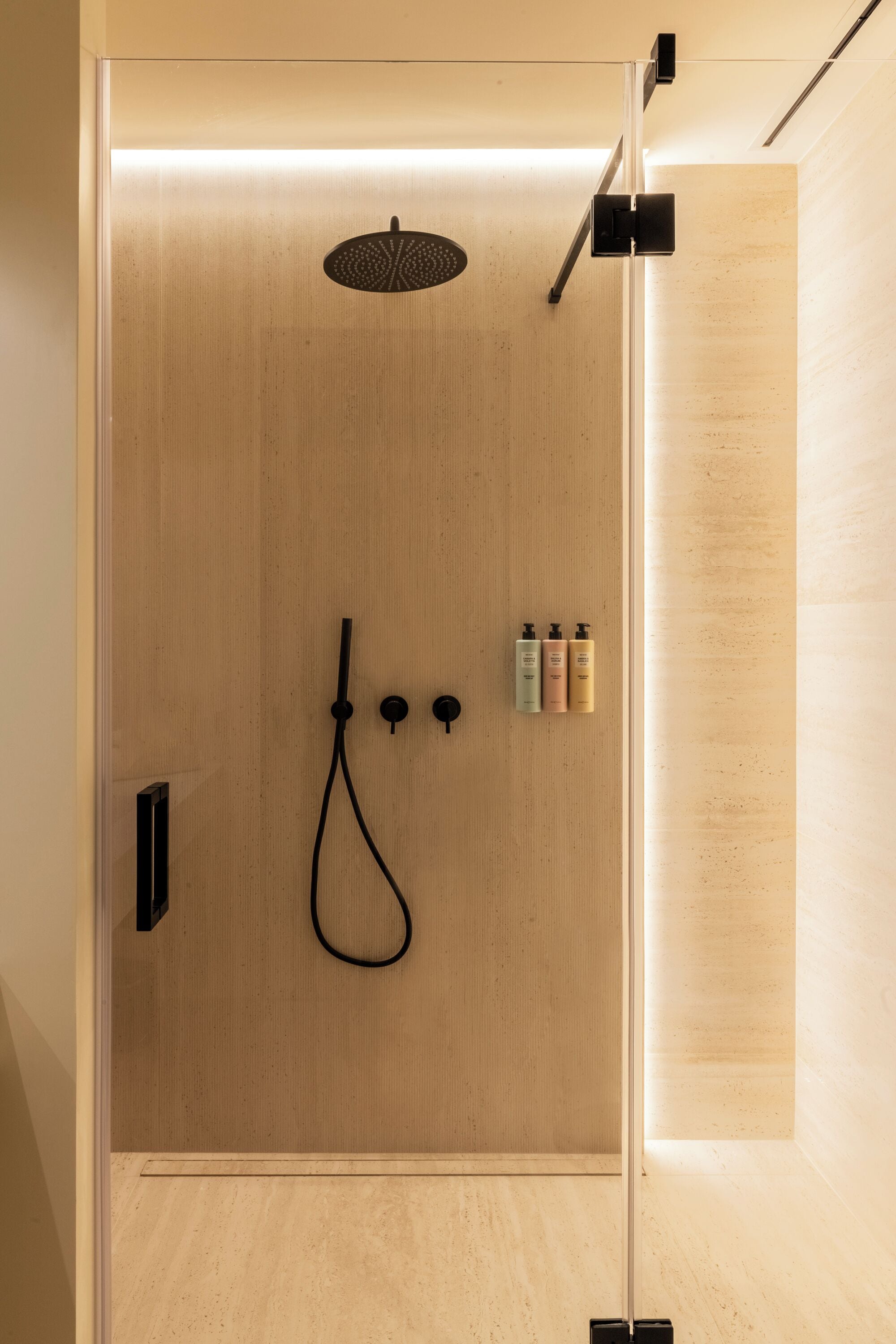 A modern shower with a wooden panel wall, a handheld showerhead, and three bottles of shampoo.