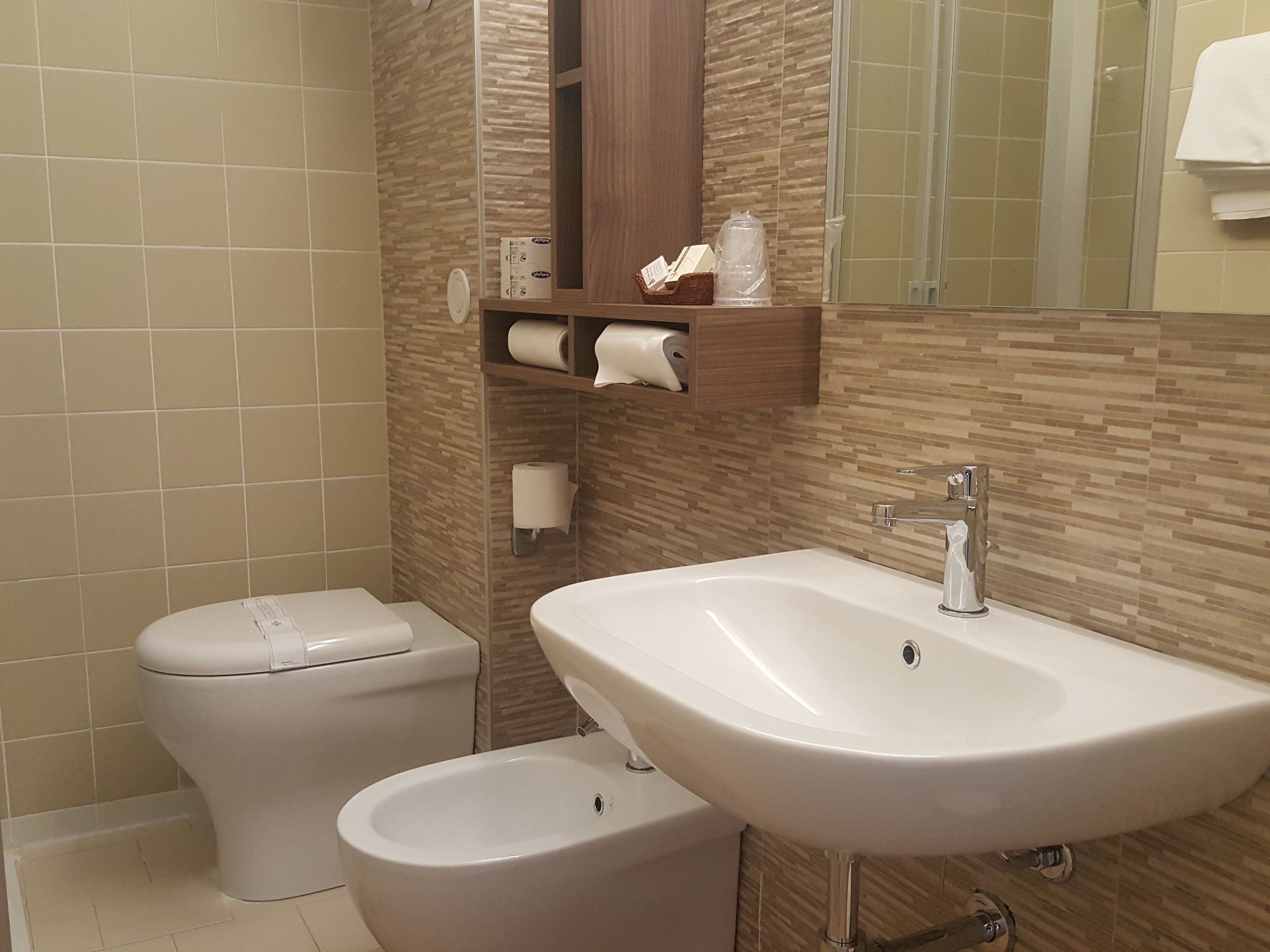 Ein Badezimmer mit Toilette, Bidet und Waschbecken. Handtücher und Pflegeprodukte sind an der Wand angebracht.