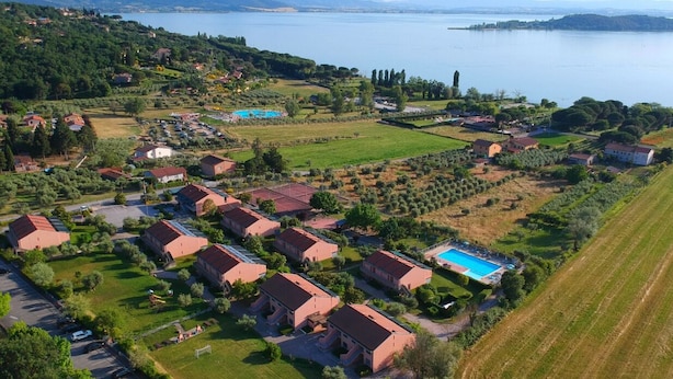 Vista aérea de una zona residencial con casas, una piscina y un lago al fondo.