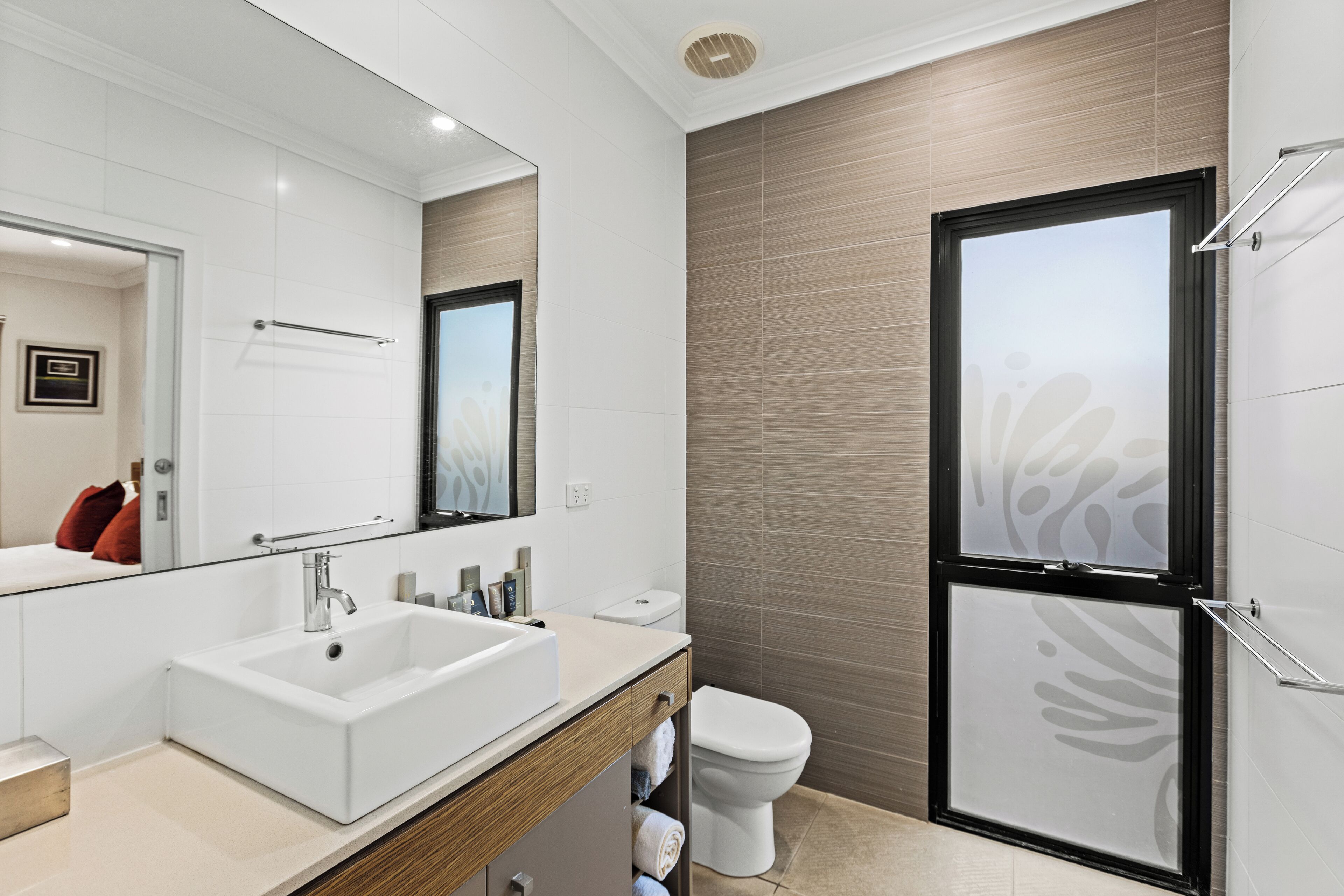 pearle guest room | bathroom | shower, free toiletries, hair dryer, towels