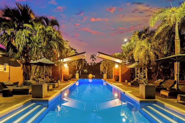 Outdoor pool, pool umbrellas, pool loungers